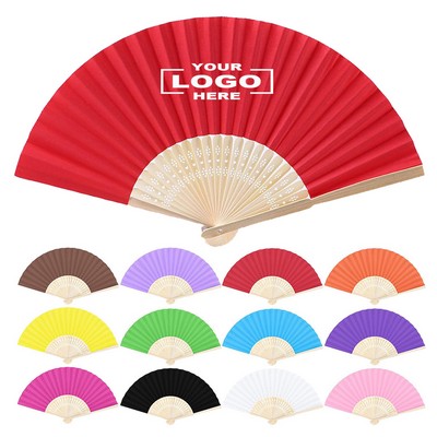 Full Color Folding Paper Hand Fan w/ Bamboo Handle